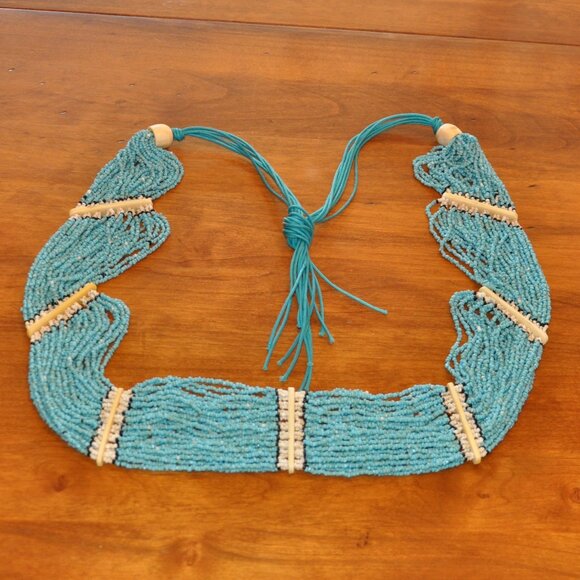 Multi Strand Hand beaded Turquoise & Bone Statement Necklace (Hip Hugger Belt) - Picture 2 of 7